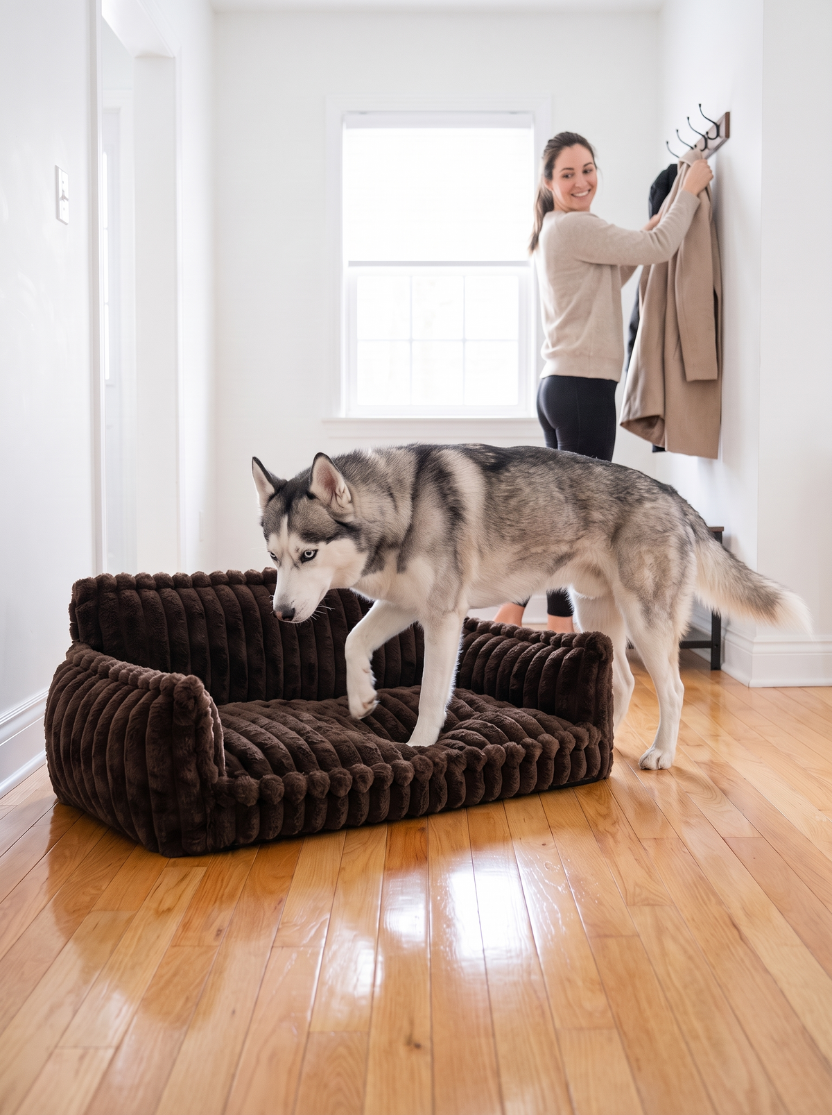 Husky stepping into the HuddleHaven bed on a hardwood floor