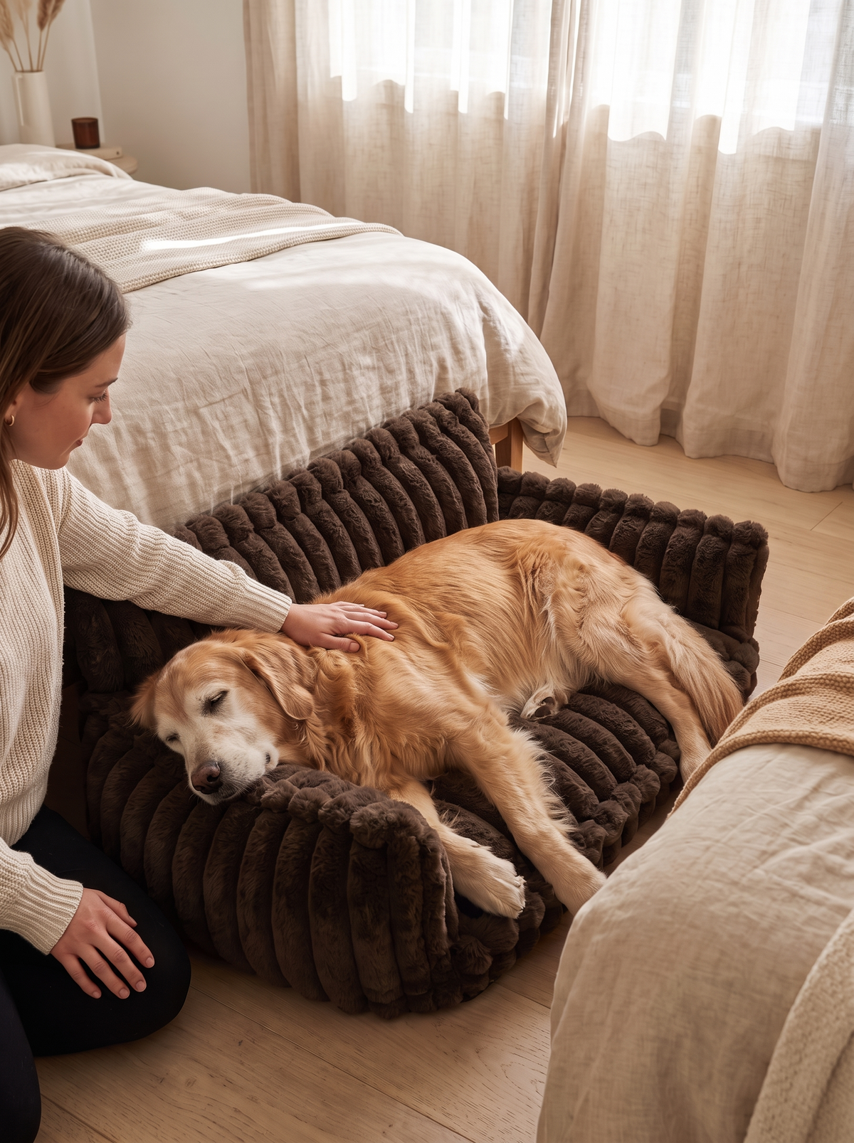 Senior golden retriever stretched out asleep on the HuddleHaven orthopedic bed
