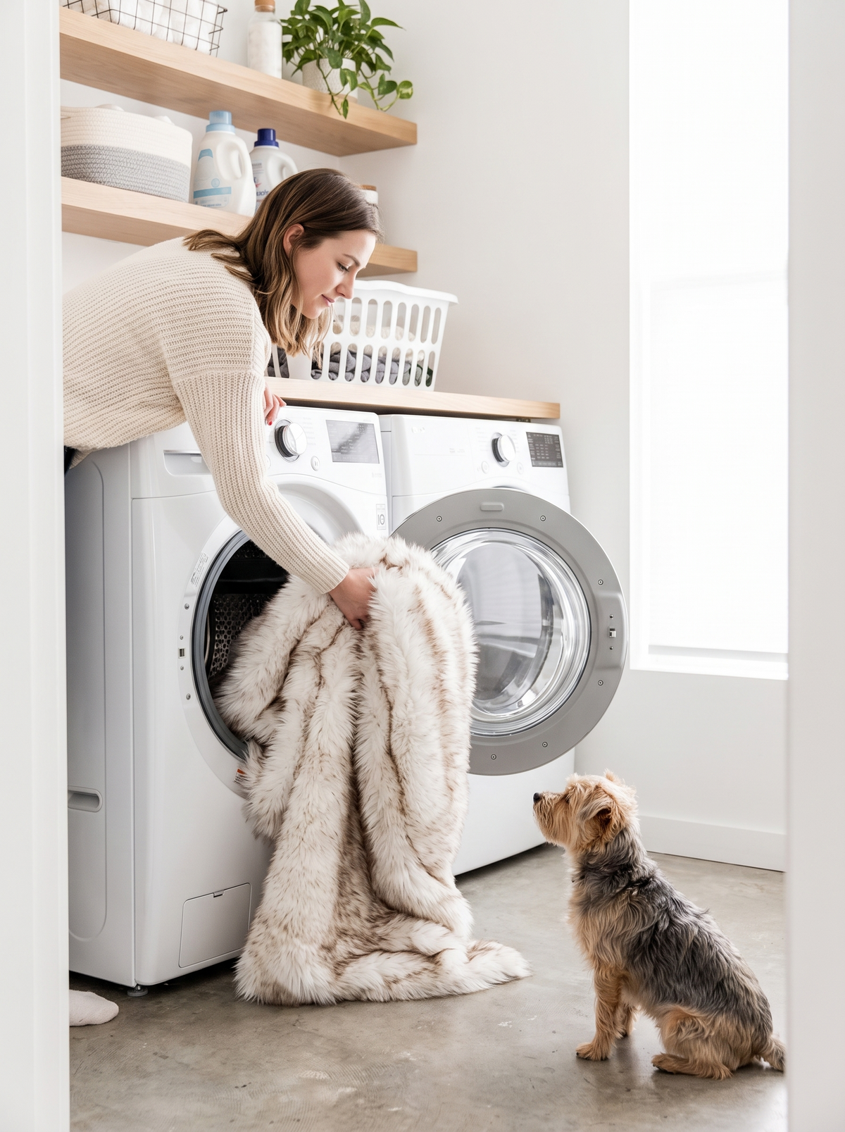 Woman loading the SnugShield blanket into a washing machine as a terrier watches