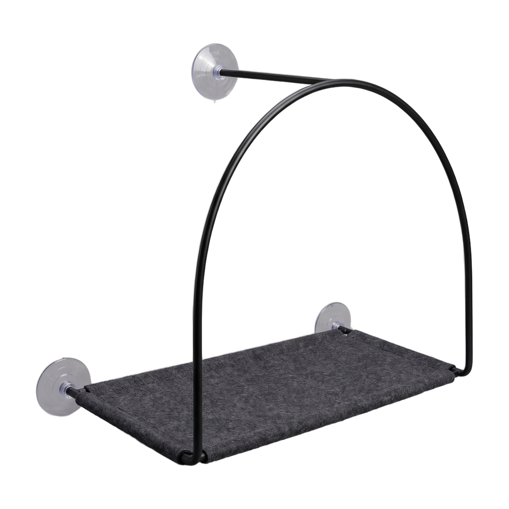 SkyArc felt window cat hammock with matte black steel arch and suction cups