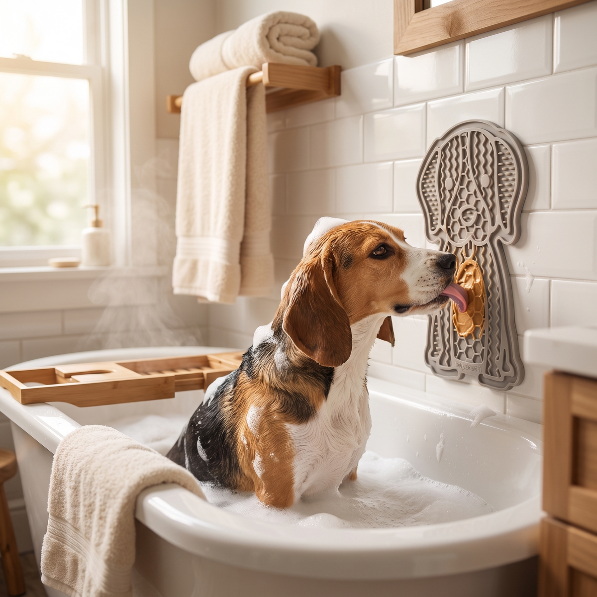 Pouncie LickLoop textured silicone lick mat with a happy pet at home