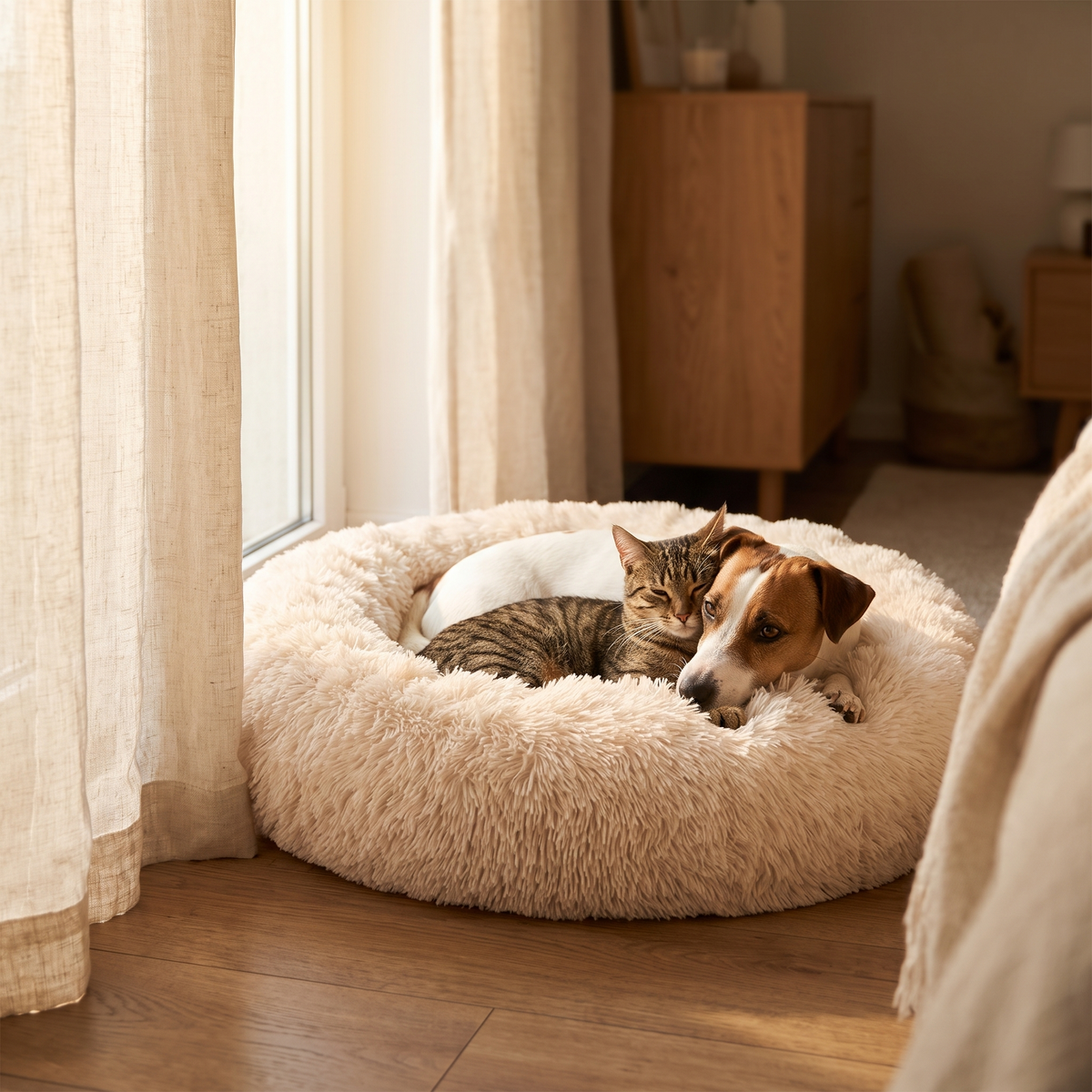 Pouncie CloudNest soothing plush round dog bed pet enjoying it in morning light