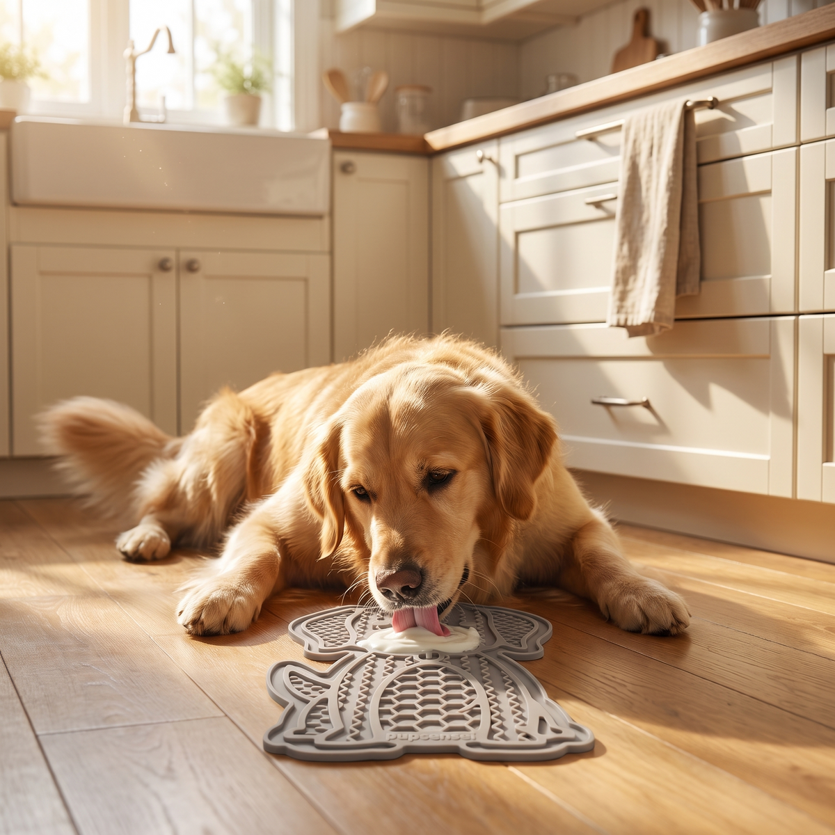 Pouncie LickLoop textured silicone lick mat with a pet in a cozy home