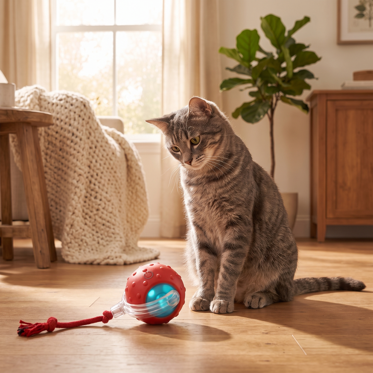 Pouncie ZoomPounce smart rolling cat toy ball pet enjoying it in morning light