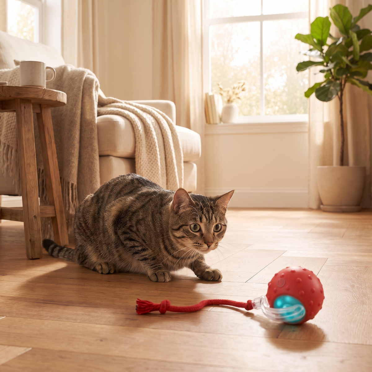 Pouncie ZoomPounce smart rolling cat toy ball with a happy pet at home