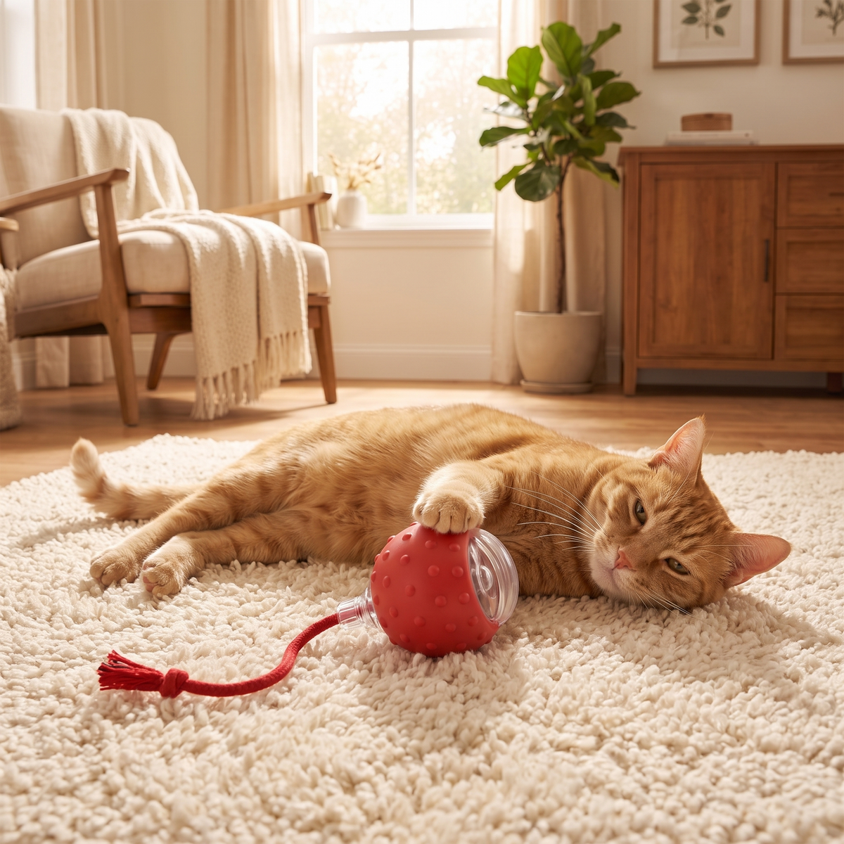 Pouncie ZoomPounce smart rolling cat toy ball with a pet in a cozy home