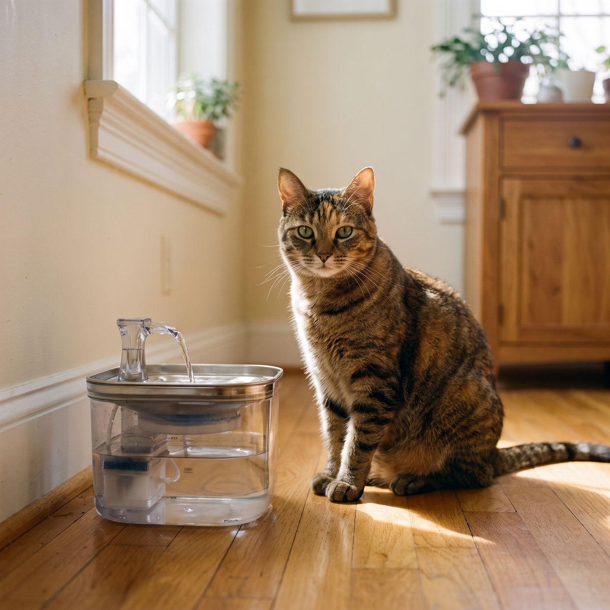 Pouncie Burble stainless steel pet water fountain relaxed pet at home