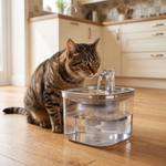 Pouncie Burble stainless steel pet water fountain with a happy pet at home