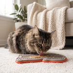 Pouncie LickLoop textured silicone lick mat pet enjoying it in morning light