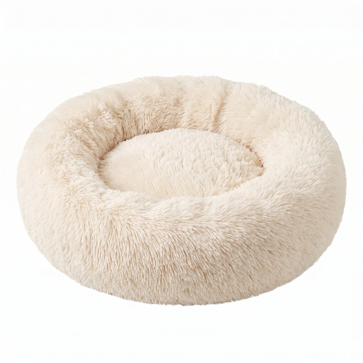 Pouncie CloudNest soothing plush round dog bed on a white background