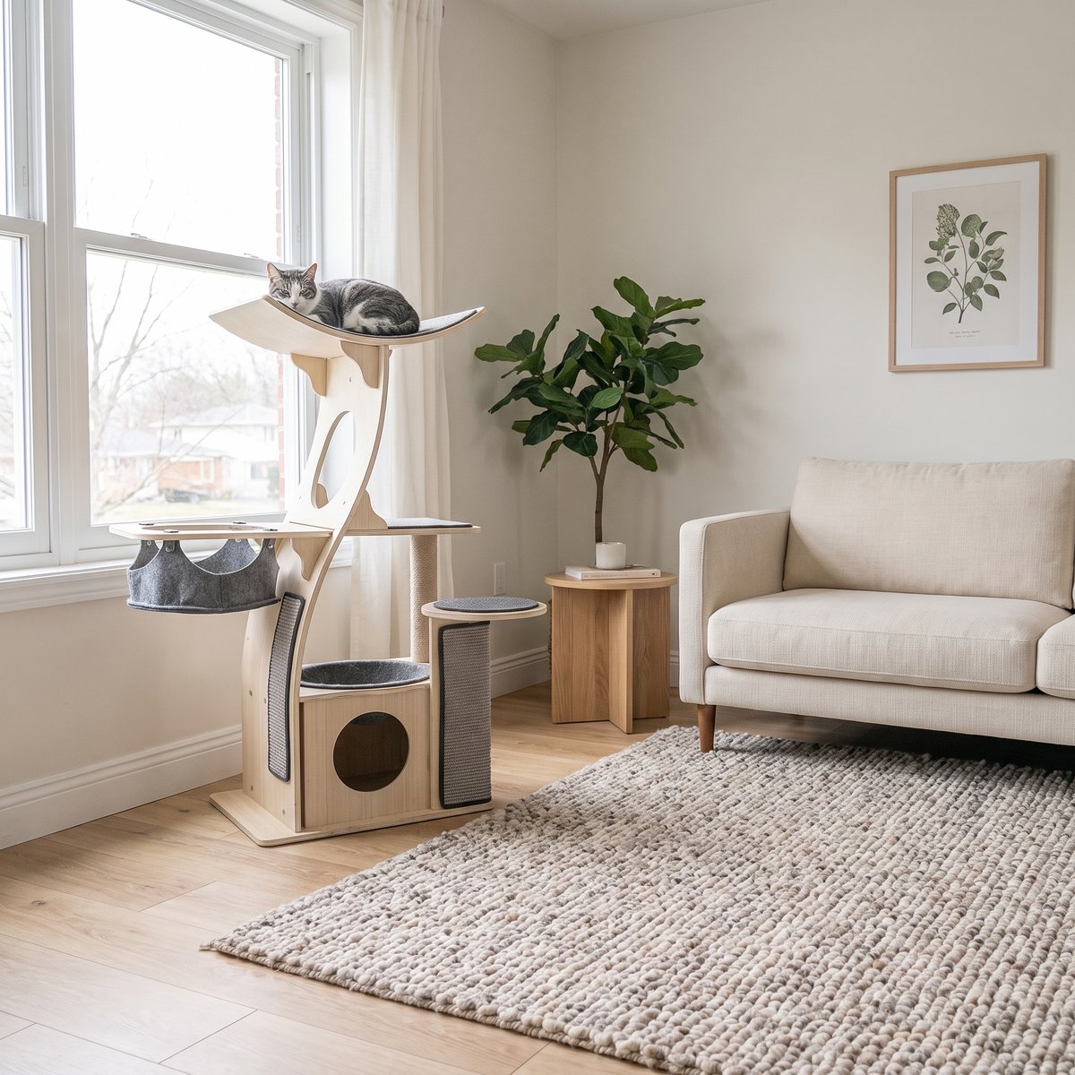 TimberPerch cat tree by a bright living room window