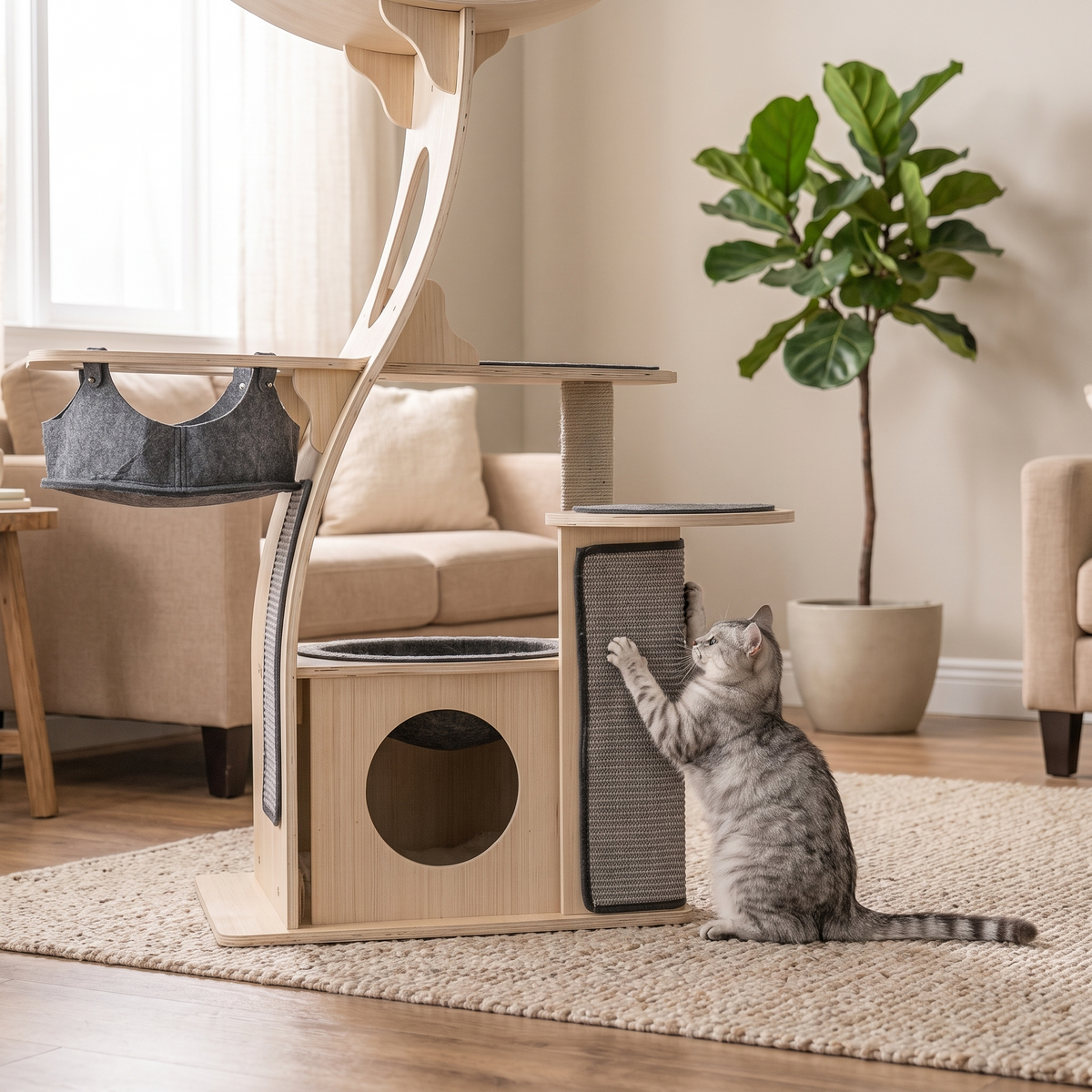 Tabby cat scratching the TimberPerch sisal pad