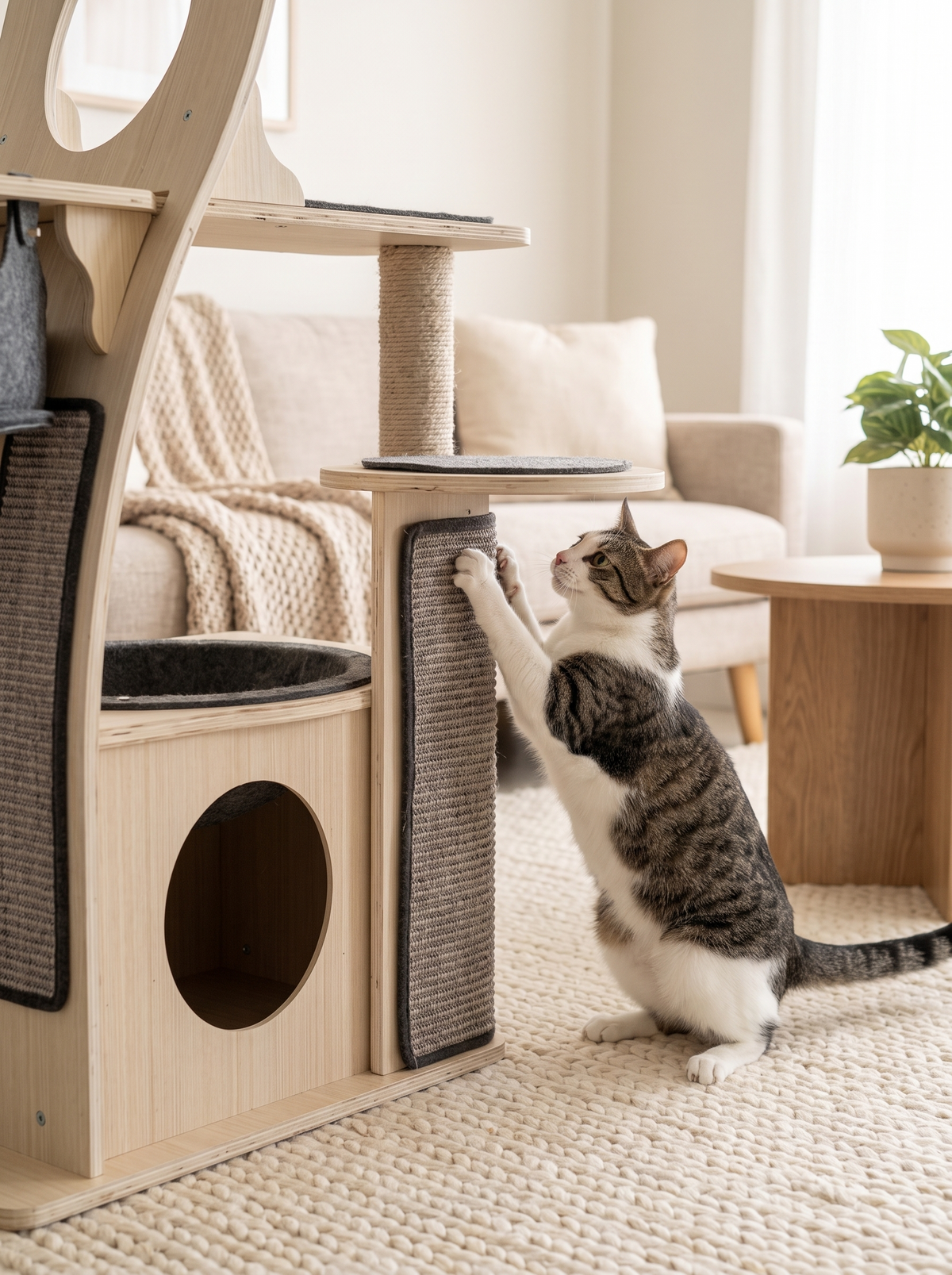Cat stretching up to scratch the TimberPerch sisal pad