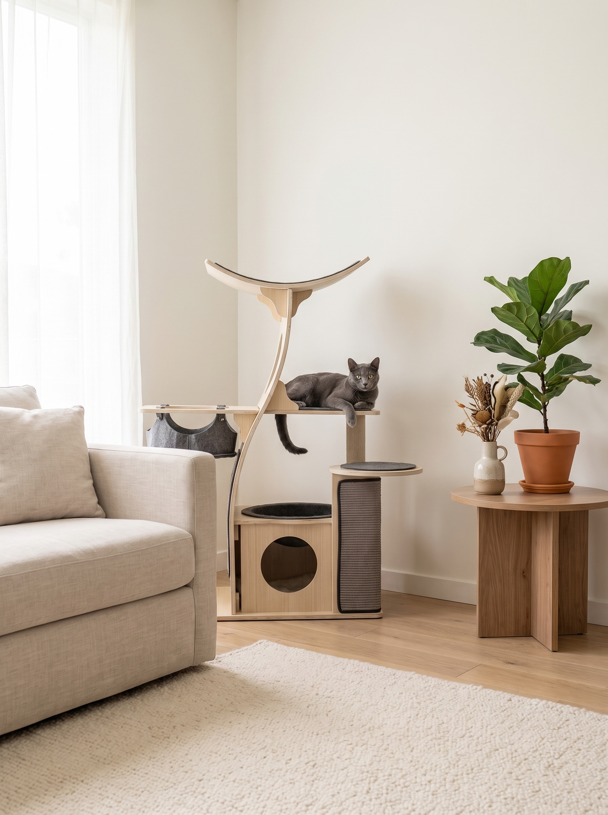TimberPerch cat tree styled in a modern living room