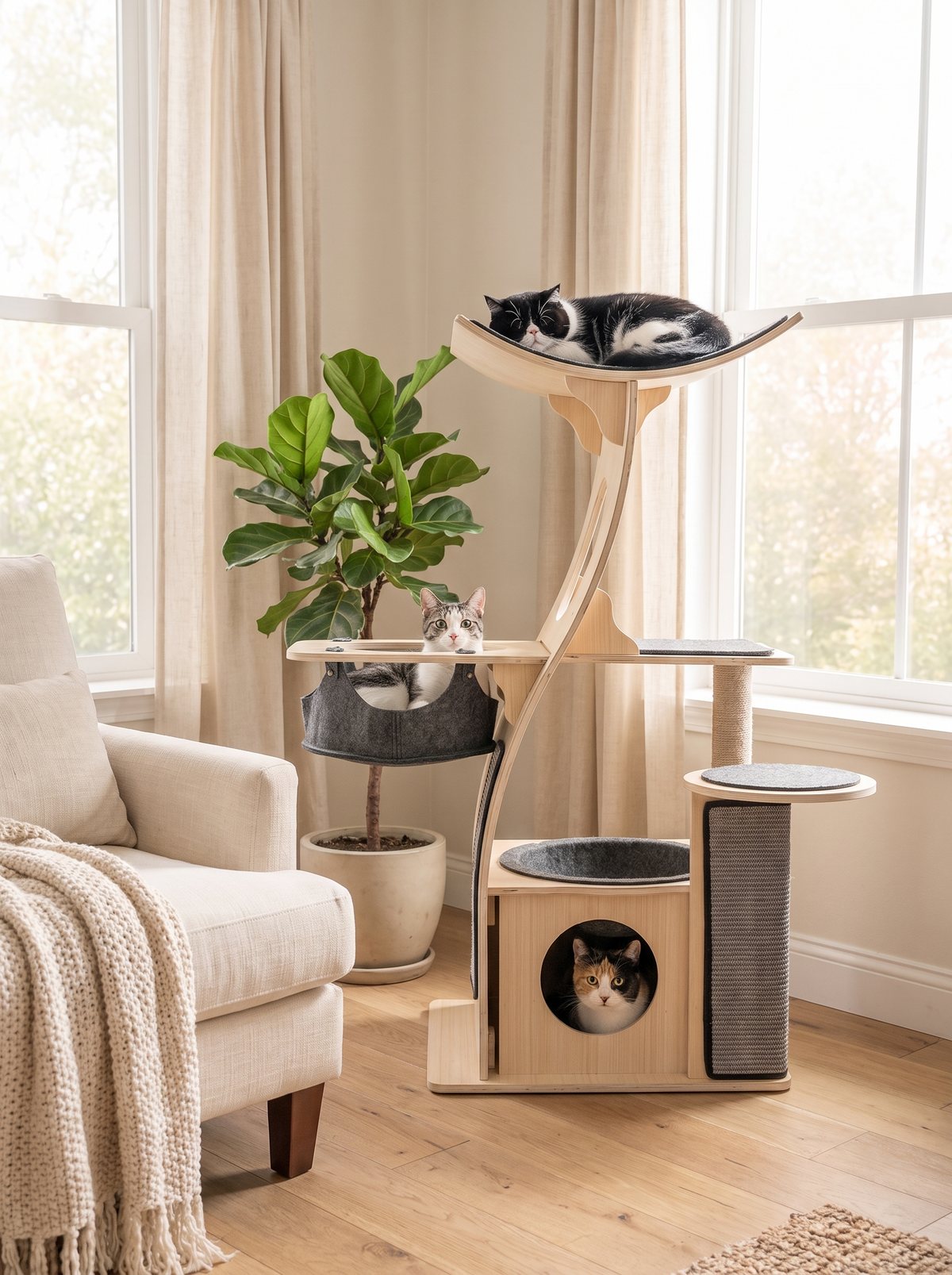 Three cats resting on the TimberPerch cat tree