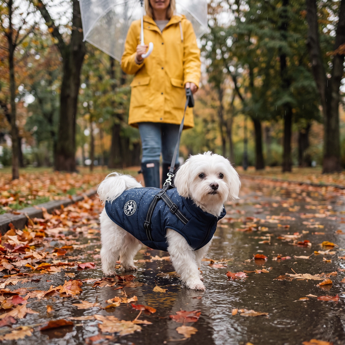 Maltese staying dry in the NorthPaw waterproof jacket on a rainy park walk