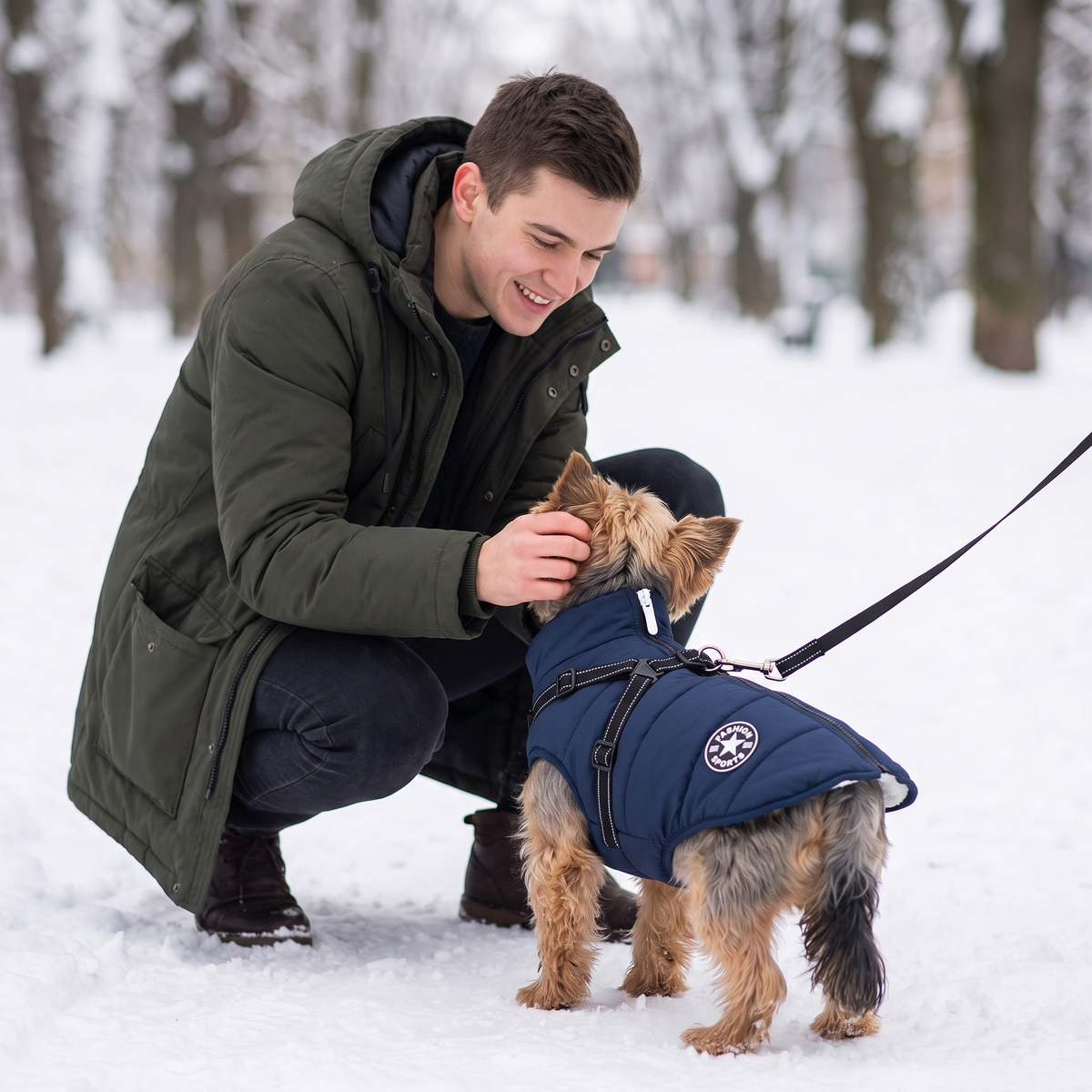Man greeting his Yorkshire Terrier wearing the NorthPaw jacket in a snowy park
