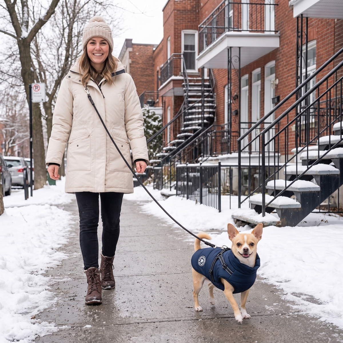 Woman walking a Chihuahua in the NorthPaw jacket on a snowy Montreal street