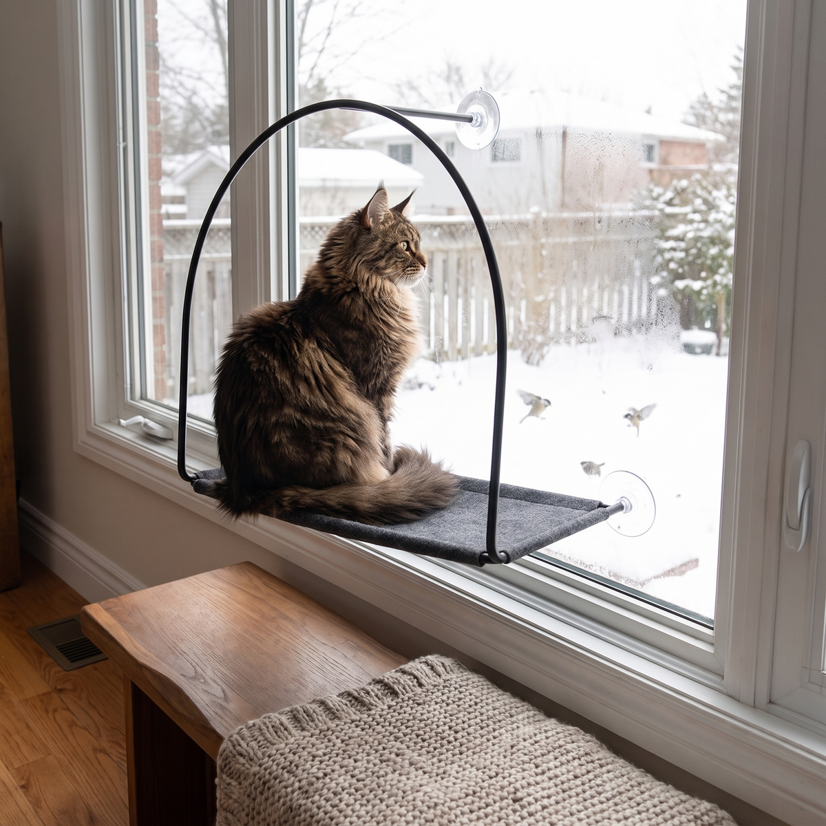 Maine Coon on the SkyArc window hammock watching birds in a snowy backyard