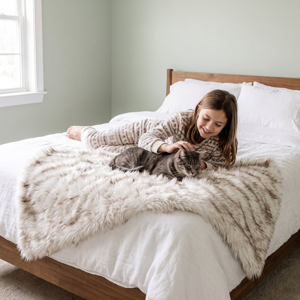 Girl petting a grey tabby cat on the SnugShield blanket at the foot of a bed