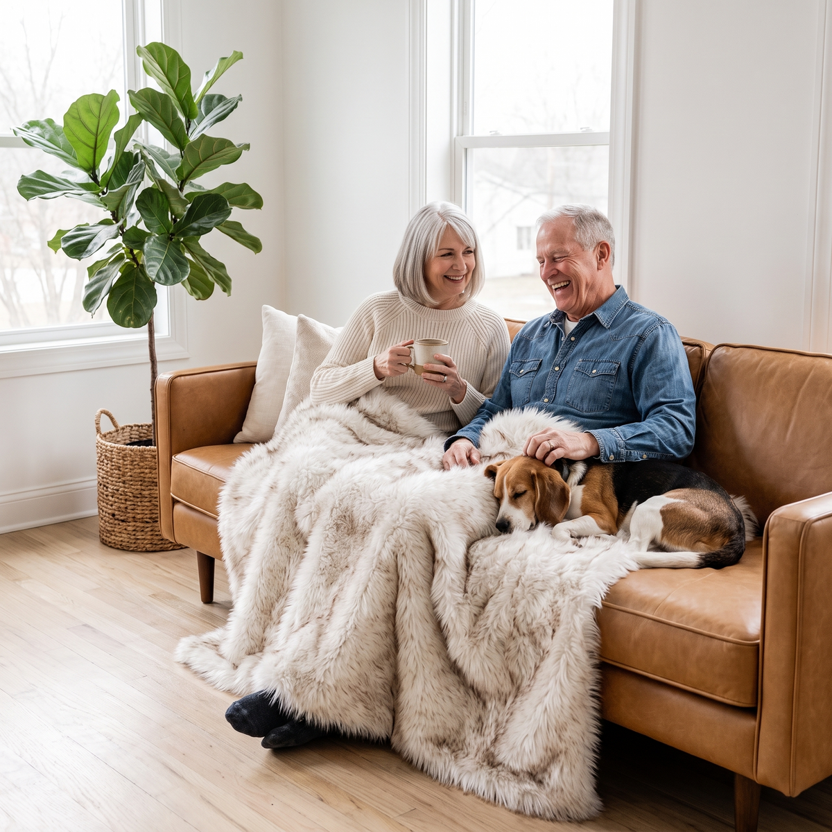 Couple relaxing on a leather sofa with a beagle napping on the SnugShield blanket