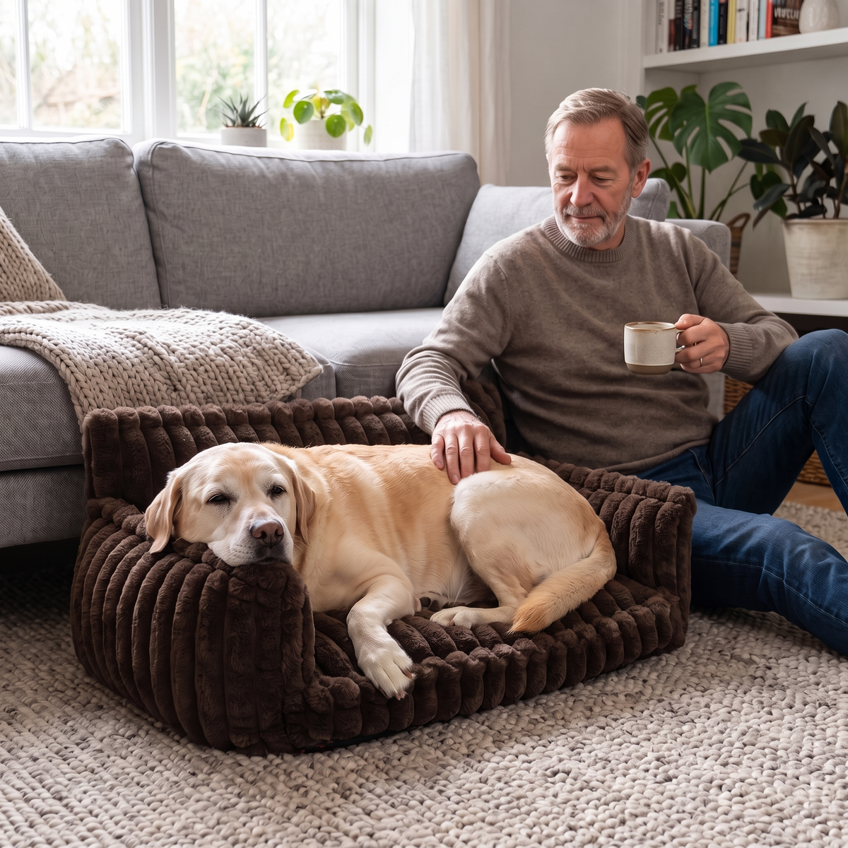 Senior Labrador resting its chin on the armrest of the HuddleHaven bed next to its owner