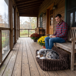 Australian Shepherd relaxing in the HuddleHaven bed on a screened porch beside its owner