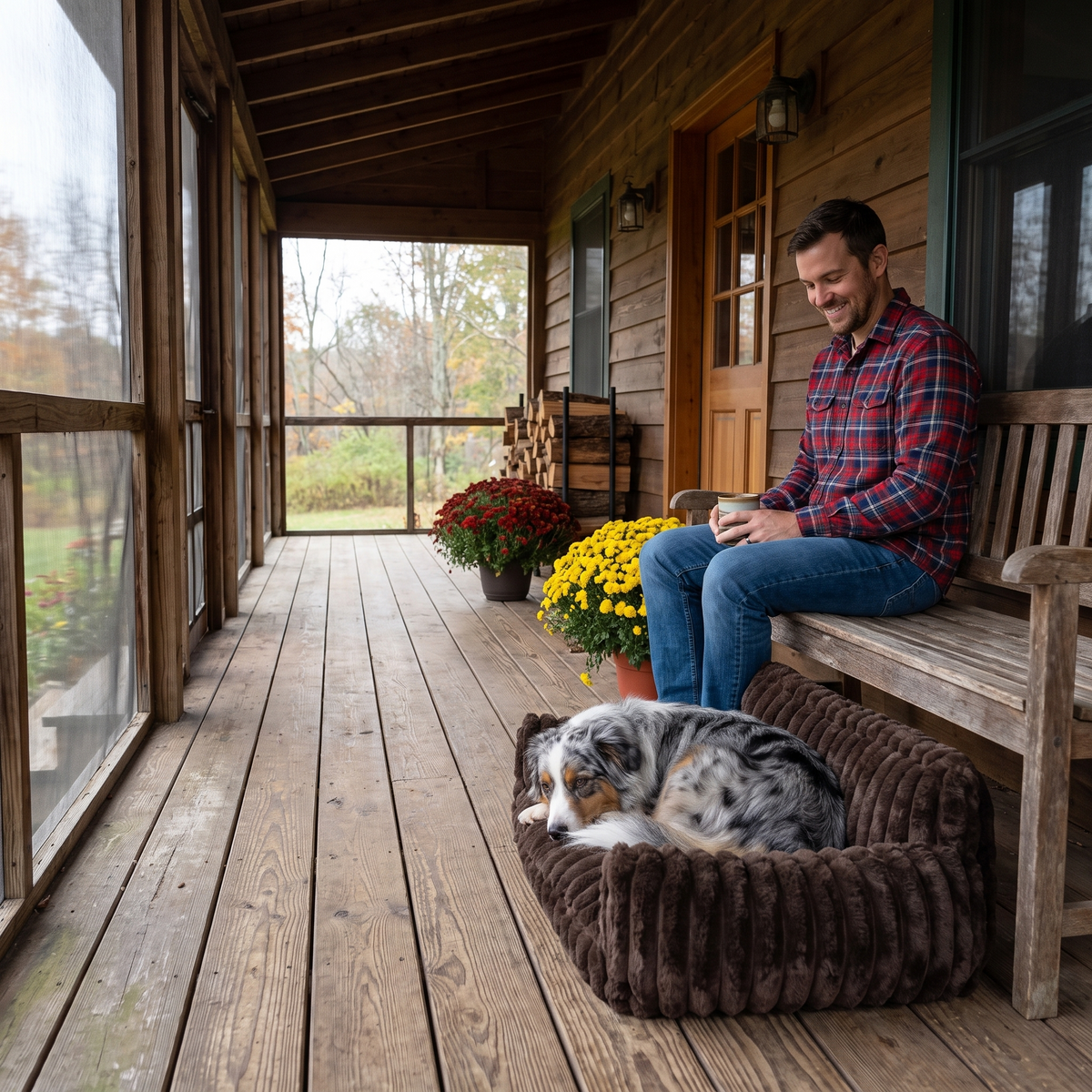 Australian Shepherd relaxing in the HuddleHaven bed on a screened porch beside its owner