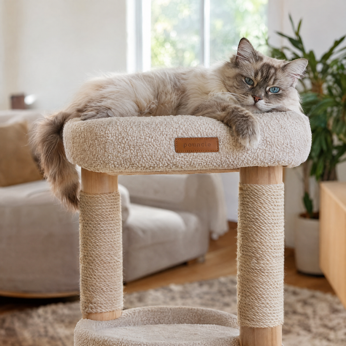 Fluffy cat lounging on a cat tower with a Pouncie leather patch