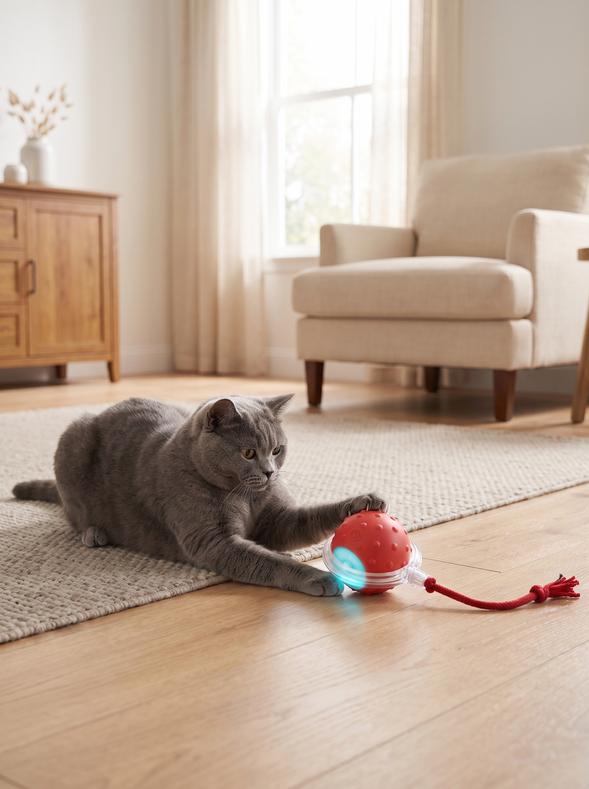 Grey cat resting a paw on the Pouncie ZoomPounce smart rolling ball