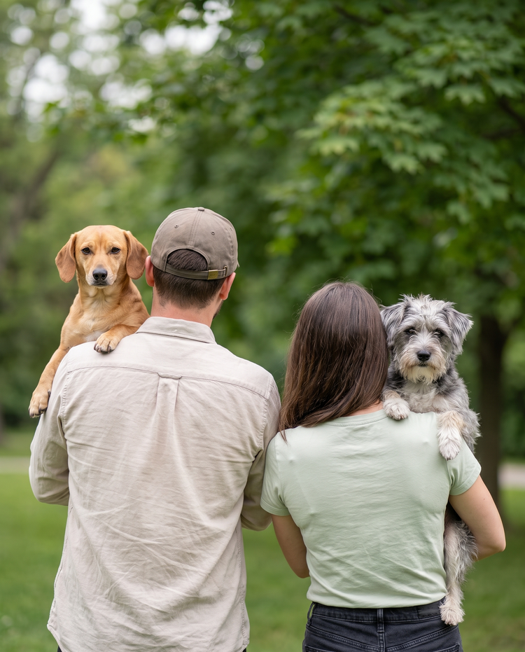 Couple in the park carrying their two small dogs