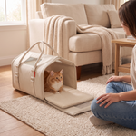 RoamNest carrier with one end panel folded down so the cat can walk in