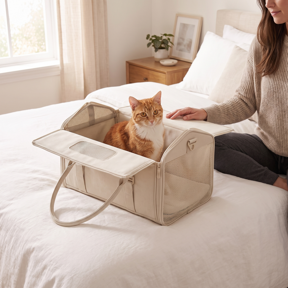 Cat sitting in the RoamNest carrier with its top unzipped and folded open