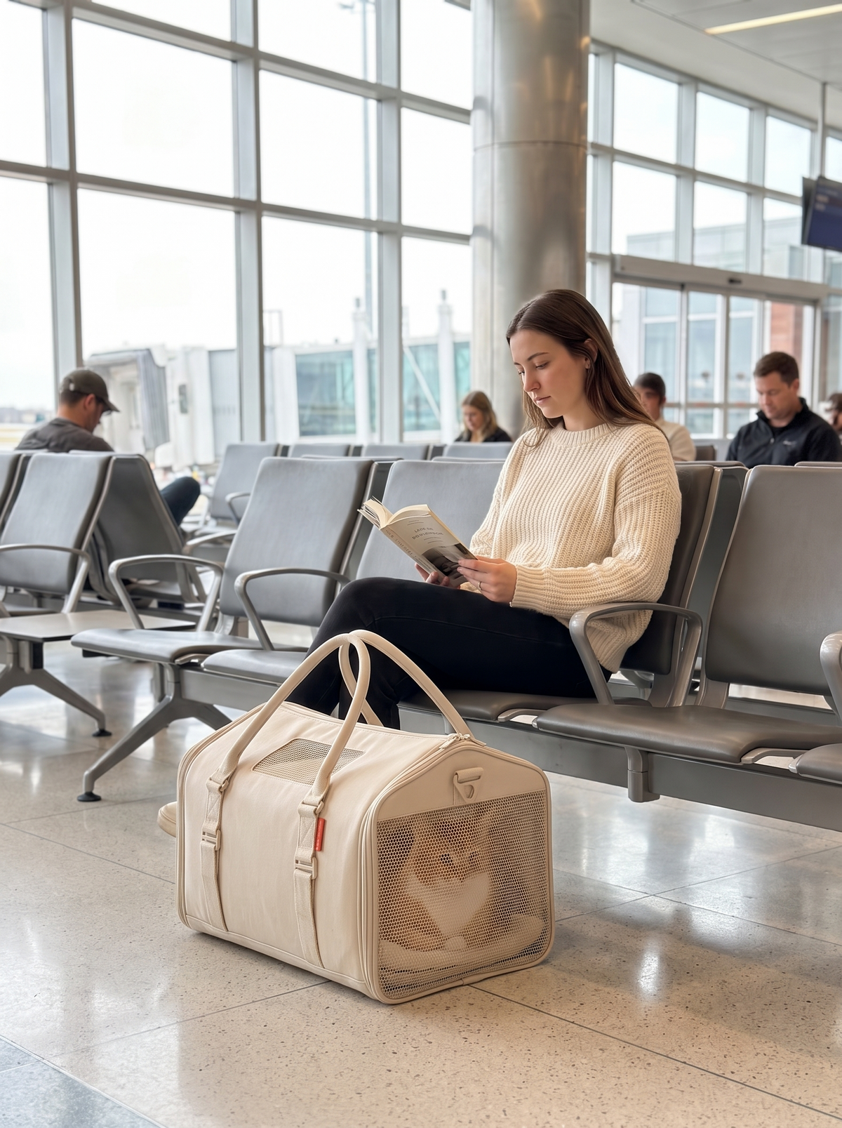 Traveller at an airport gate with her cat in the closed RoamNest carrier