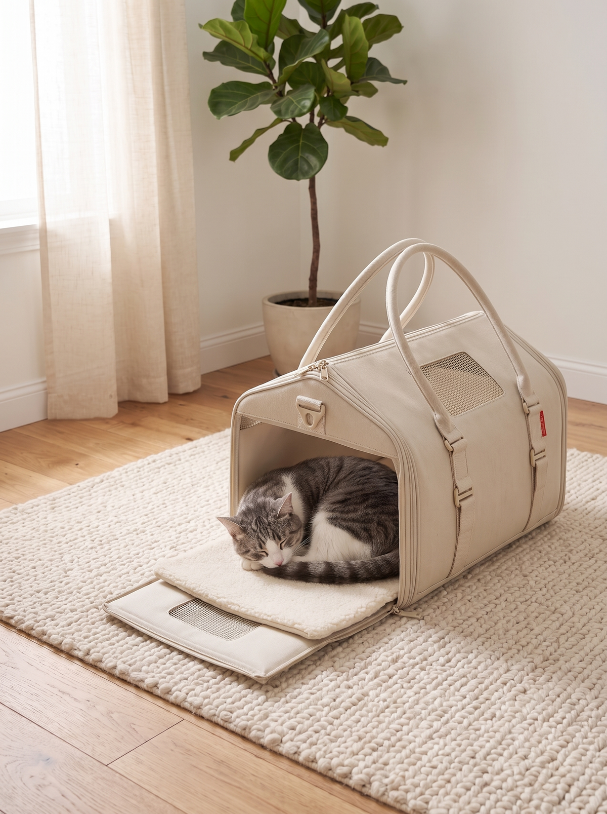 Cat asleep in the RoamNest carrier with one end panel folded down as a hideaway