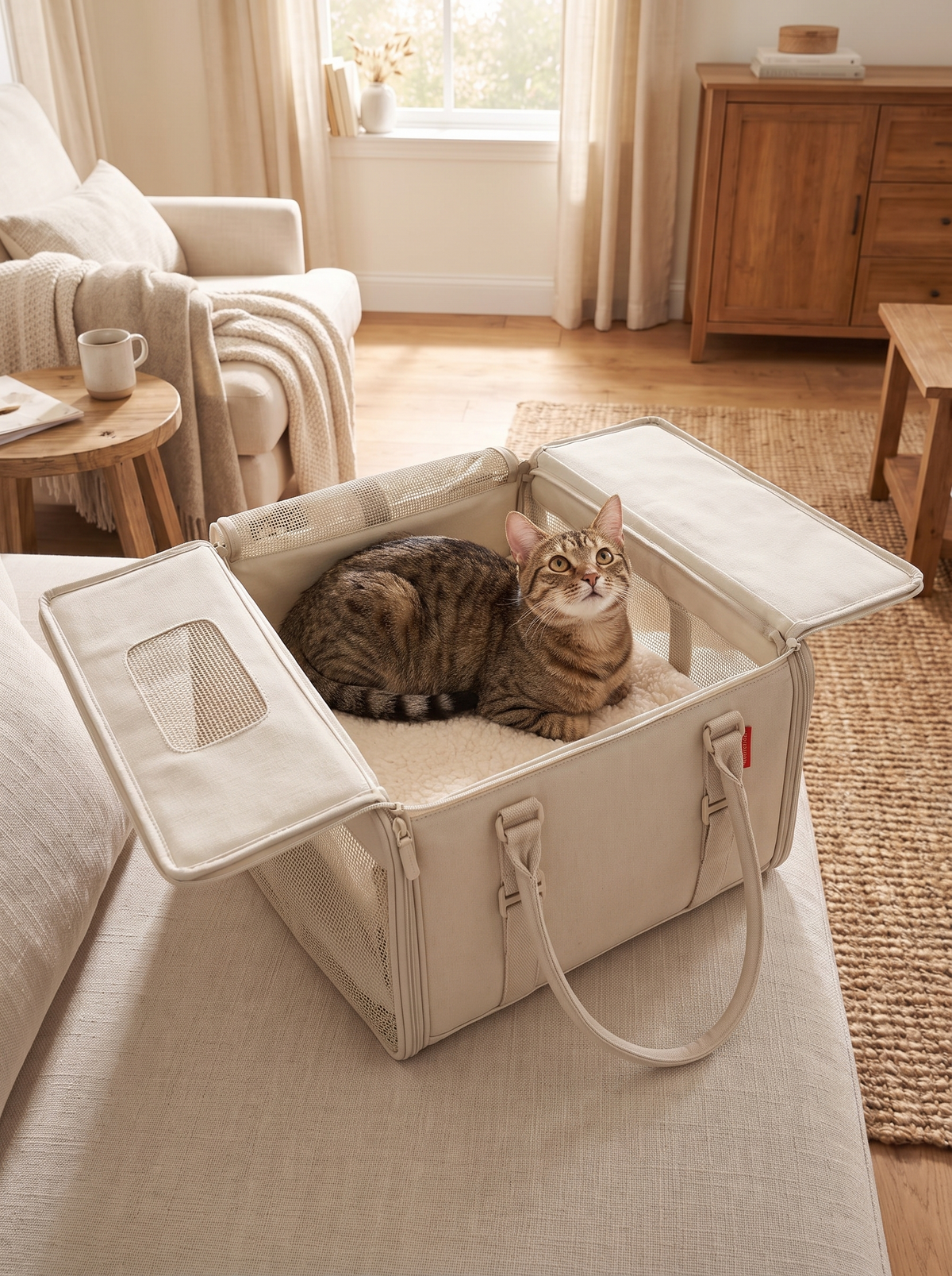 Cat relaxing on the shearling bed in the top opened RoamNest carrier