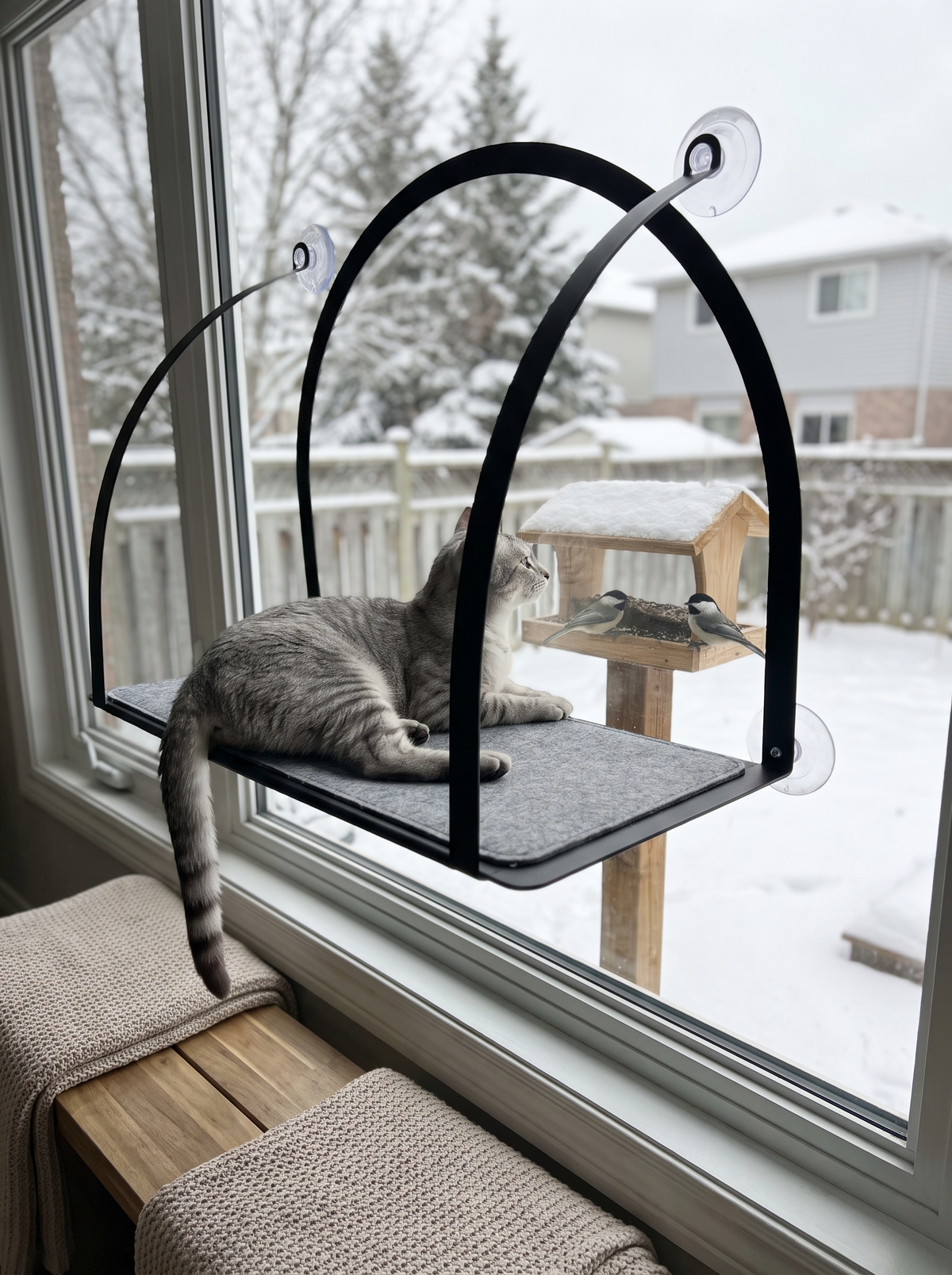 Silver tabby cat on the SkyArc window hammock watching chickadees at a snowy bird feeder