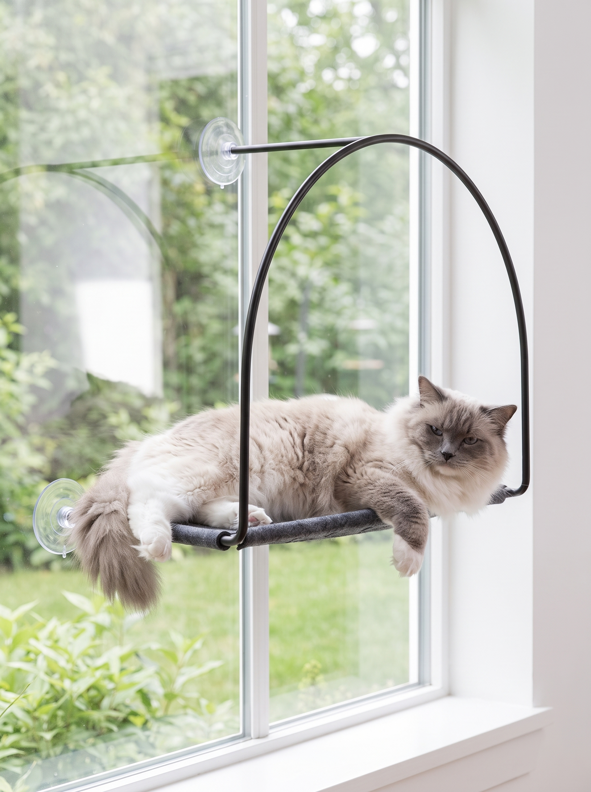Large Ragdoll cat relaxing on the SkyArc felt seat held by suction cups on the glass