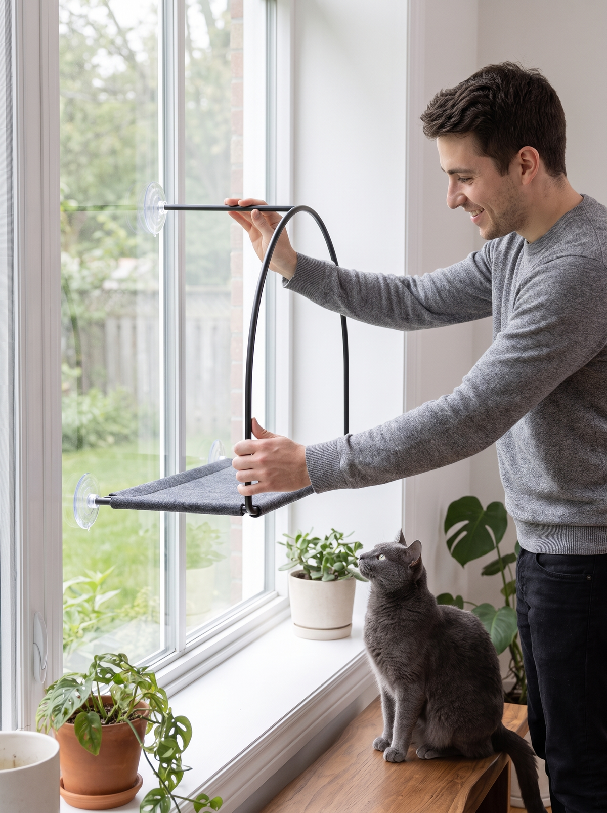 Man pressing the SkyArc hammock suction cups onto a window while his cat watches