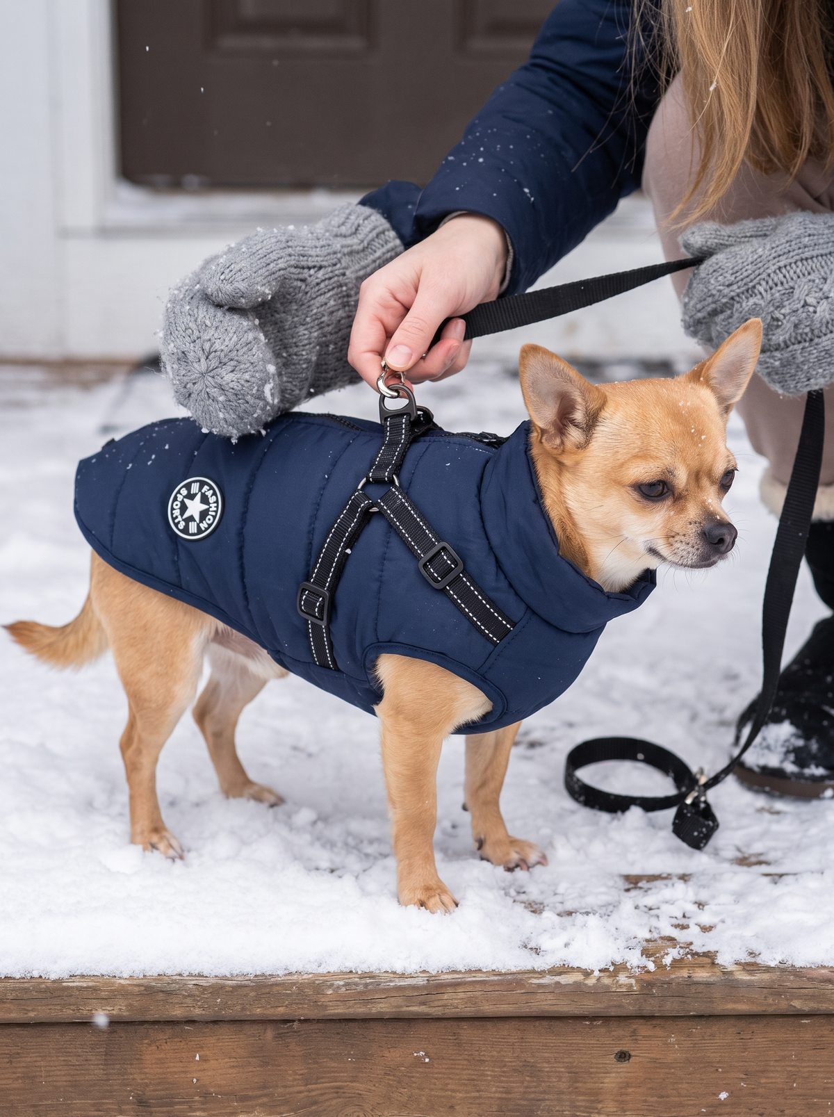 Clipping a leash onto the built-in harness ring of the Snowdrift jacket