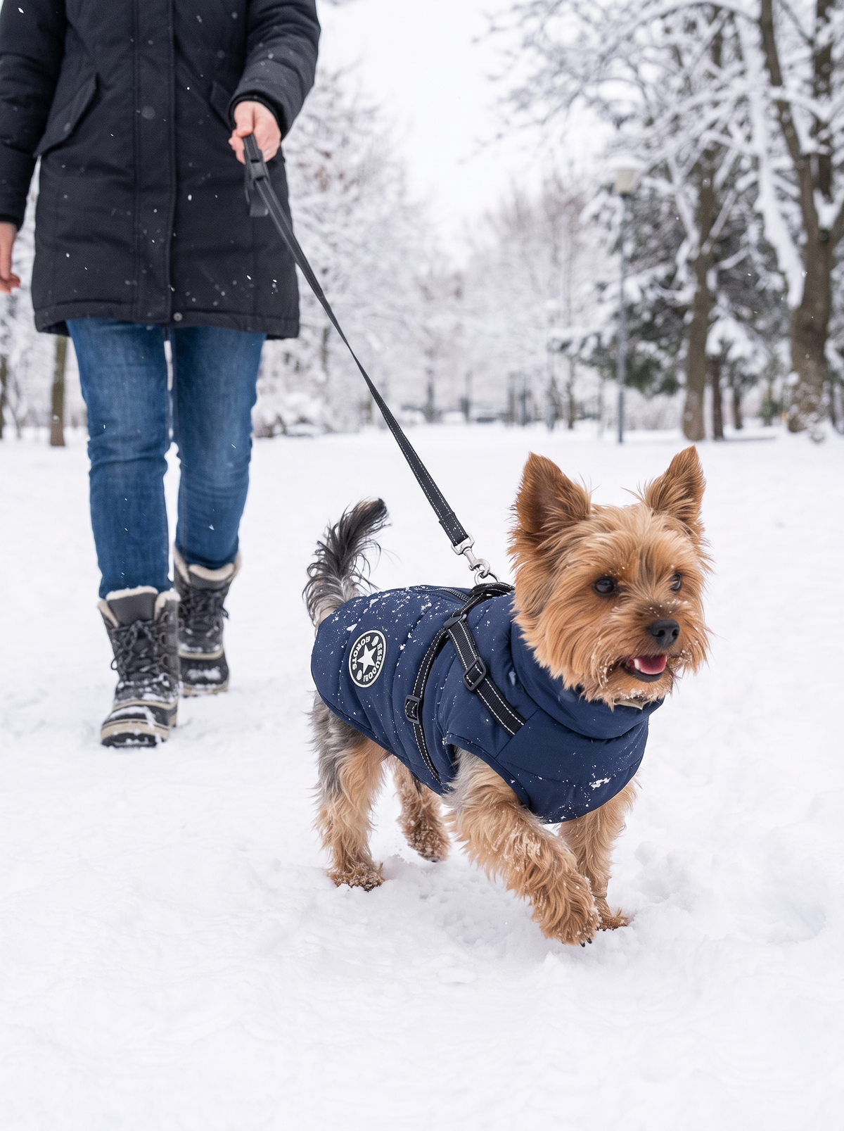 Yorkshire Terrier trotting through fresh snow in the Snowdrift jacket