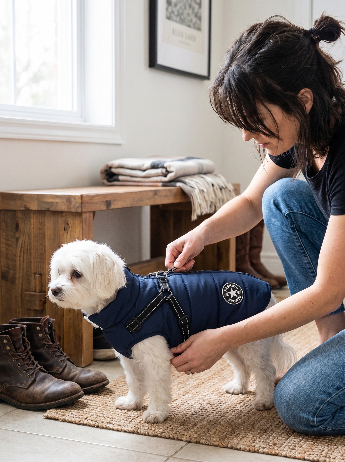 Zipping the Snowdrift jacket onto a Maltese at the front door