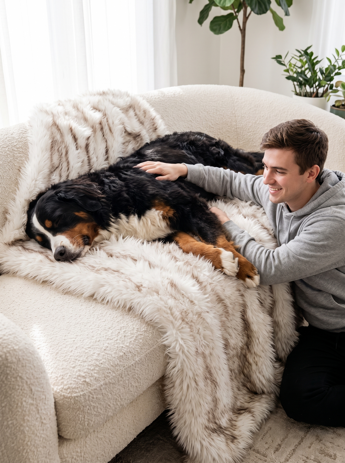 Bernese mountain dog asleep on a sofa protected by the SnugShield blanket